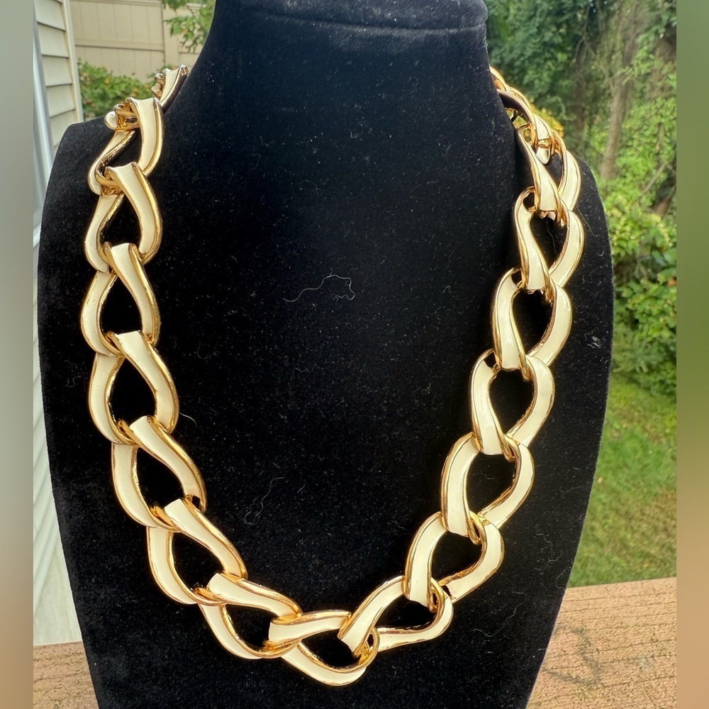 Vintage KJL Reversible White Enamel & Gold-Tone Link Necklace